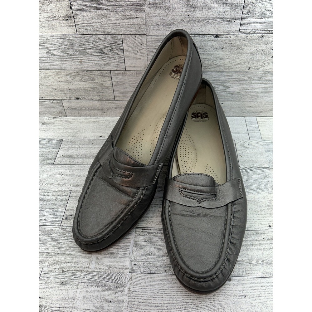 SAS Loafers Shoes Womens Size 12 Narrow Metallic Gray Leather Penny Moc Slip On